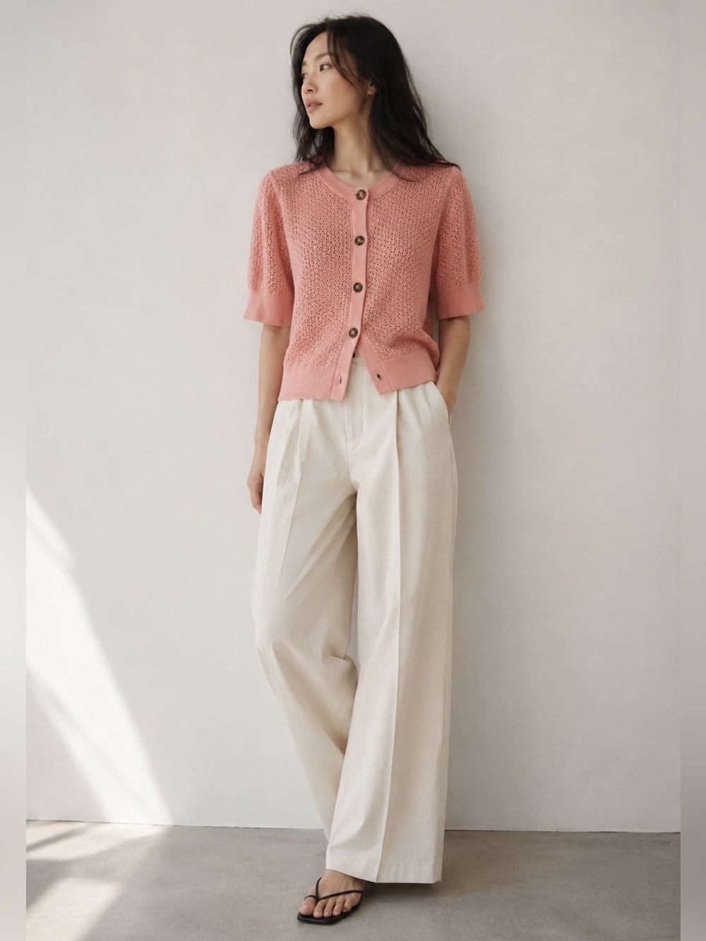 RW&CO Women’s Pink Short Sleeve Open Knit Button Cardigan - Size M